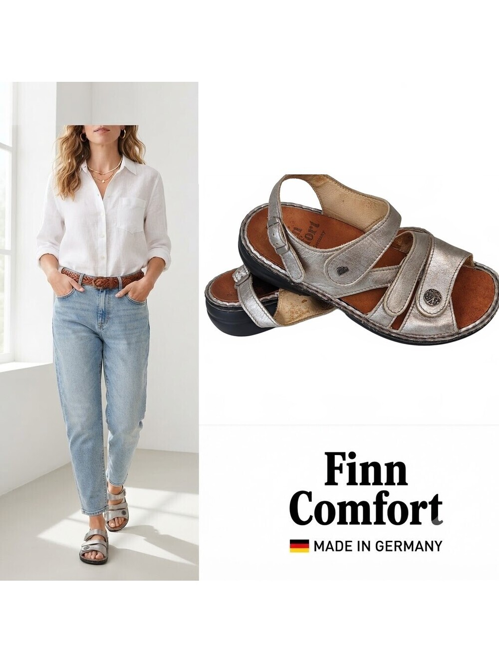 Finn Comfort Women Sandals Germany | Silver Leather US 6.5